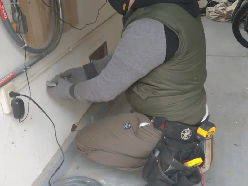 Electrician performing outlet wiring in a Alexander garage